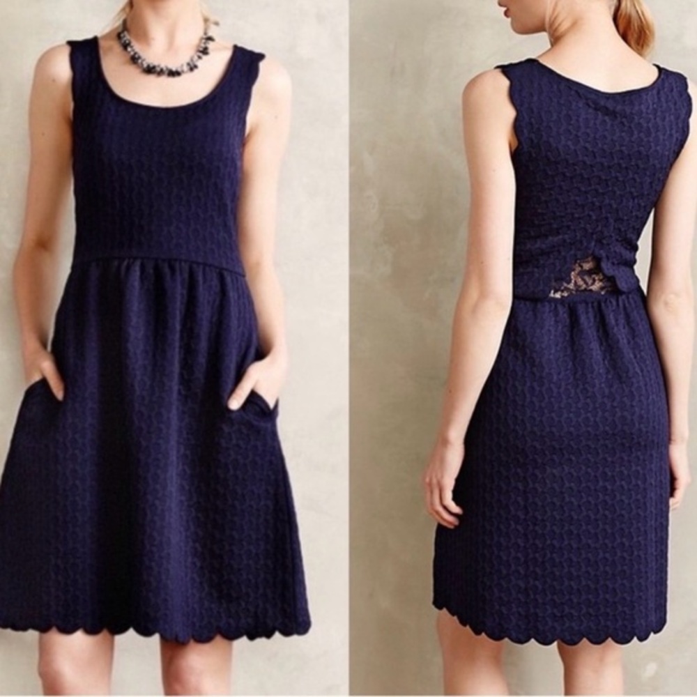 Anthropologie Maeve Navy Scalloped Edge Textured A Line Mini Dress Sz Medium